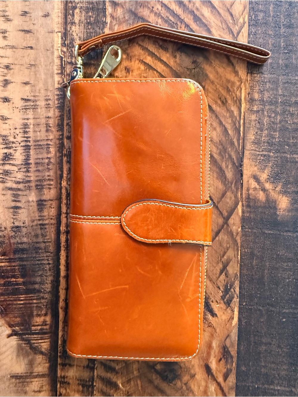 Leather Long Wallet Wristlet - Tan